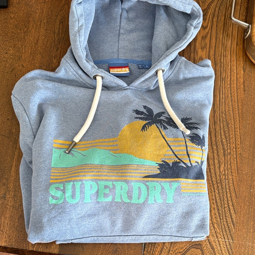 Superdry Light Blue Crewneck Hoodie with Sunset Palm Graphic